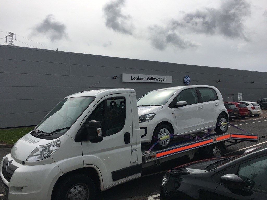 White VW Up Delivery to Blackpool VW